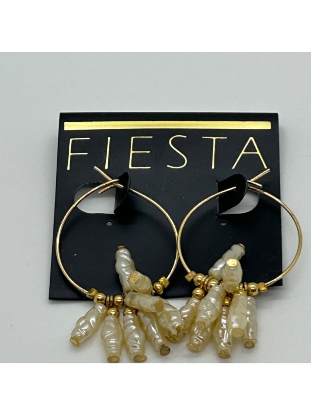 Vintage Gold Hoop Earrings With White Acrylic Stick Pearl Clusters - Picture 10 of 13